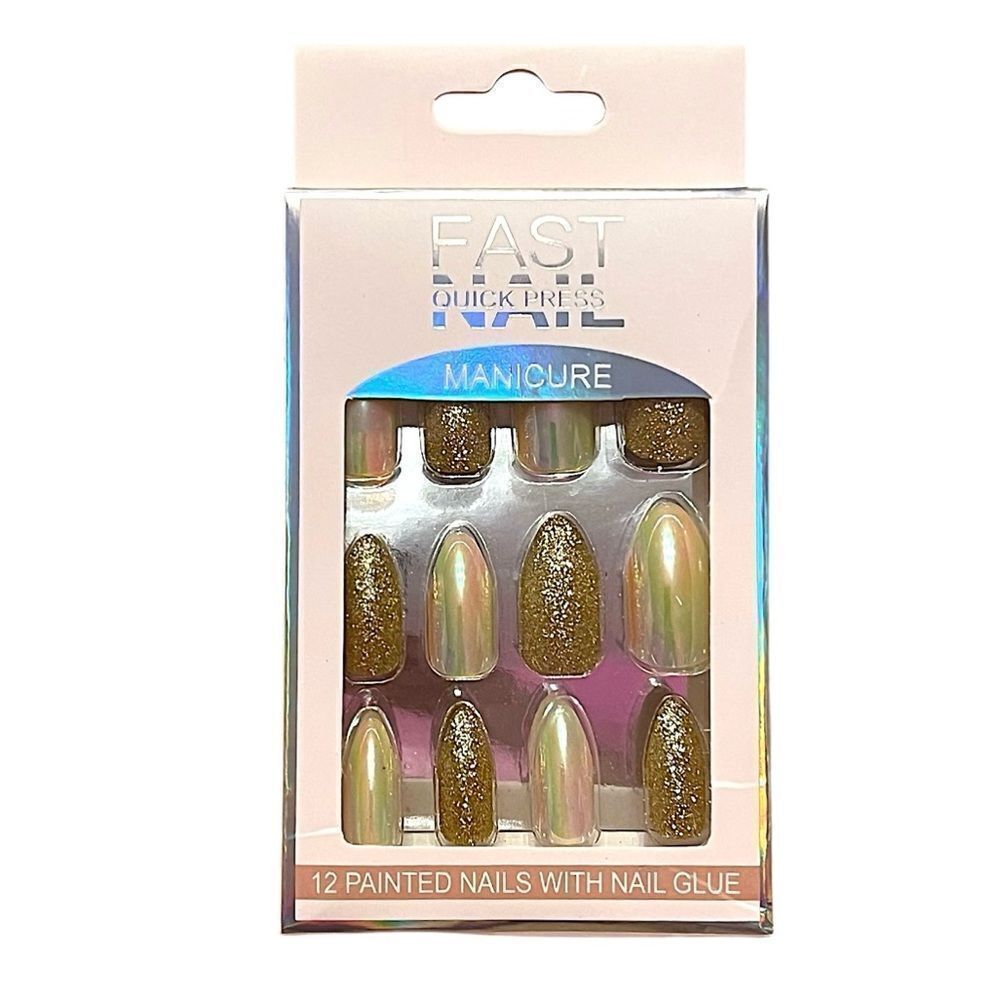 🤯5/$25🤯 Gold Iridescent Glitter Almond Press Medium Length Press On Nails